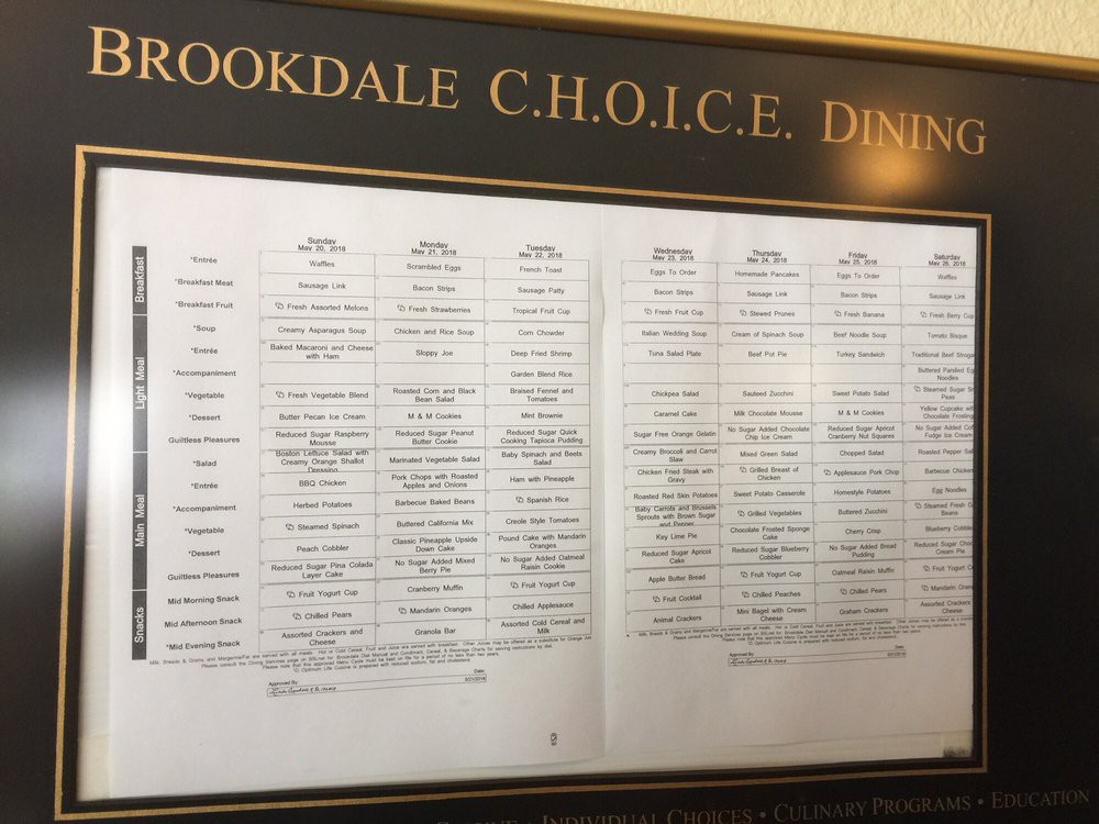Brookdale C.H.O.I.C.E. Dining menu board displaying meal options.