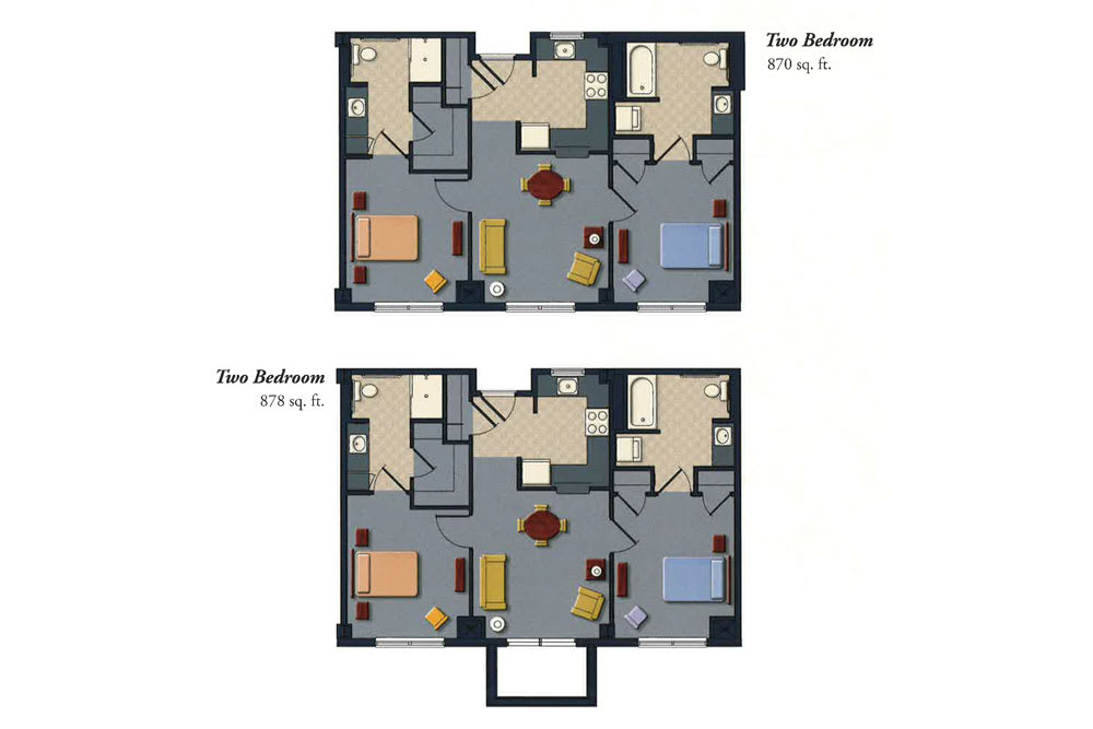 Floor plans of two-bedroom apartments showcasing different layouts.