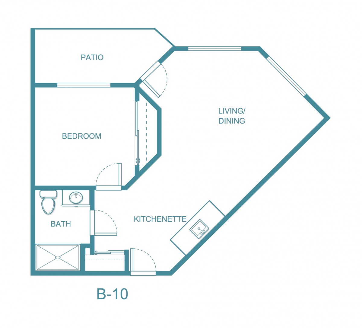 One-bedroom apartment floor plan featuring a kitchenette, living/dining area, bathroom, and patio.