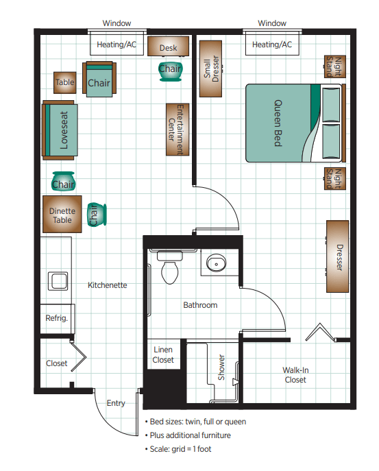 A detailed floor plan of an apartment showcasing the layout of rooms and furniture placement.