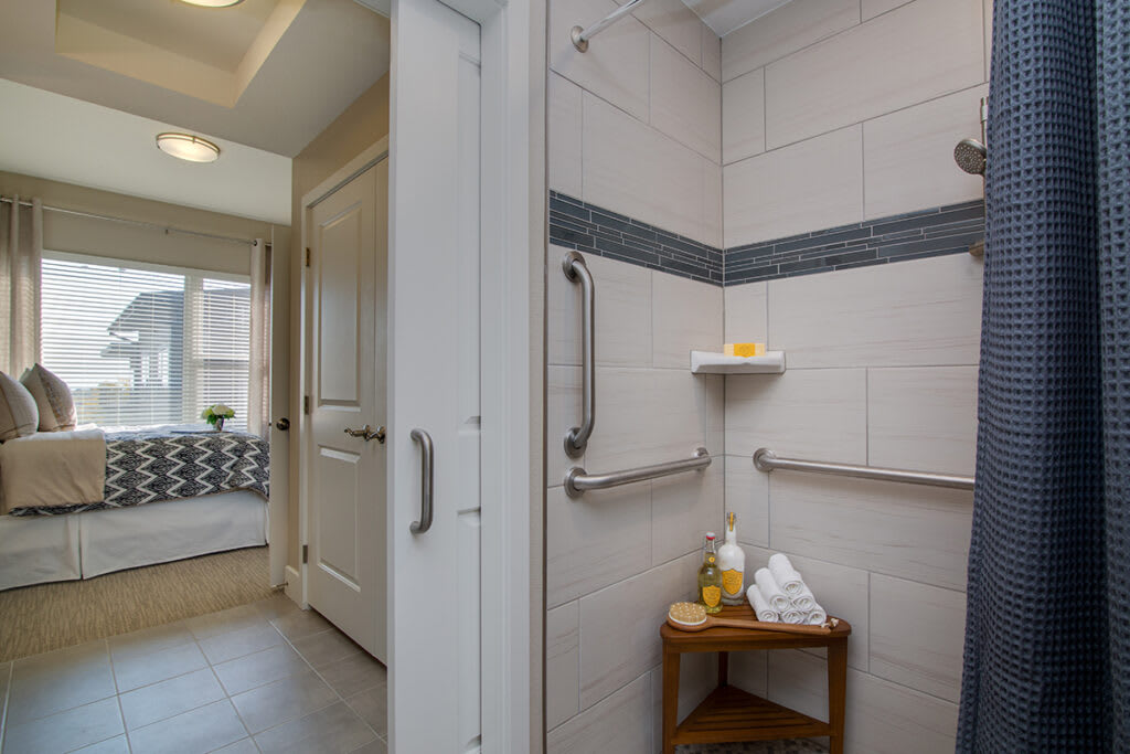 A modern bathroom with an accessible shower featuring grab bars and neatly organized toiletries on a corner shelf.