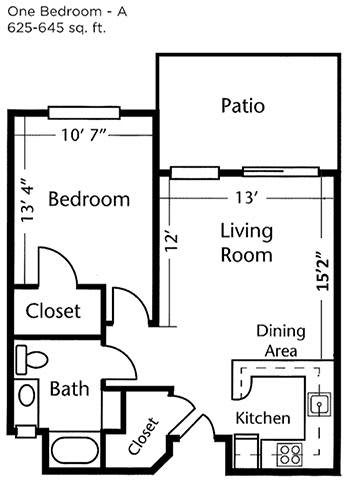 A floor plan of a one-bedroom apartment featuring a living room, dining area, kitchen, bathroom, closet, and patio.