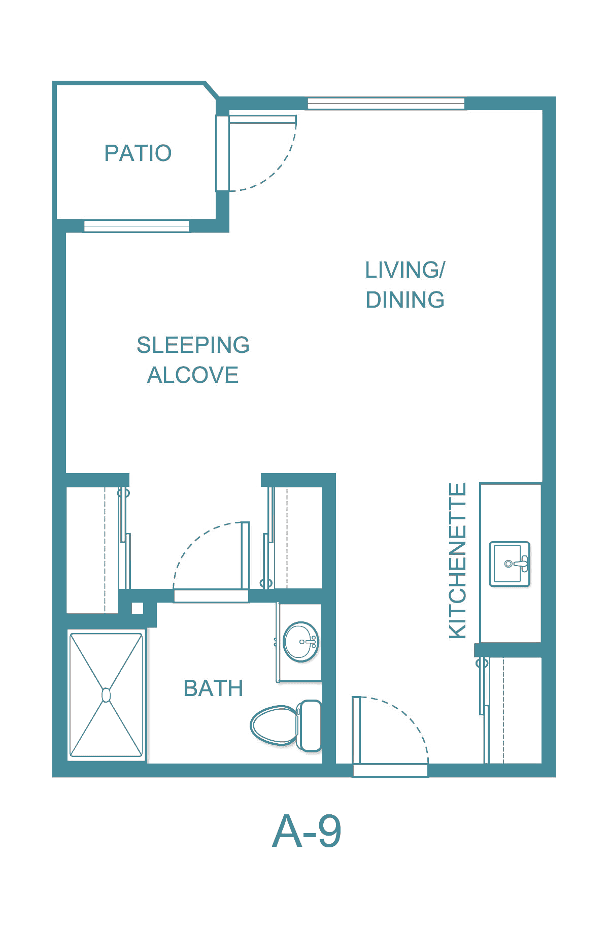 Floor plan of a studio apartment with designated areas for living/dining, sleeping alcove, kitchenette, and bathroom.