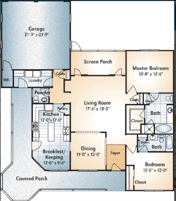 A detailed floor plan of a house featuring multiple rooms, including bedrooms, bathrooms, living areas, and a garage.