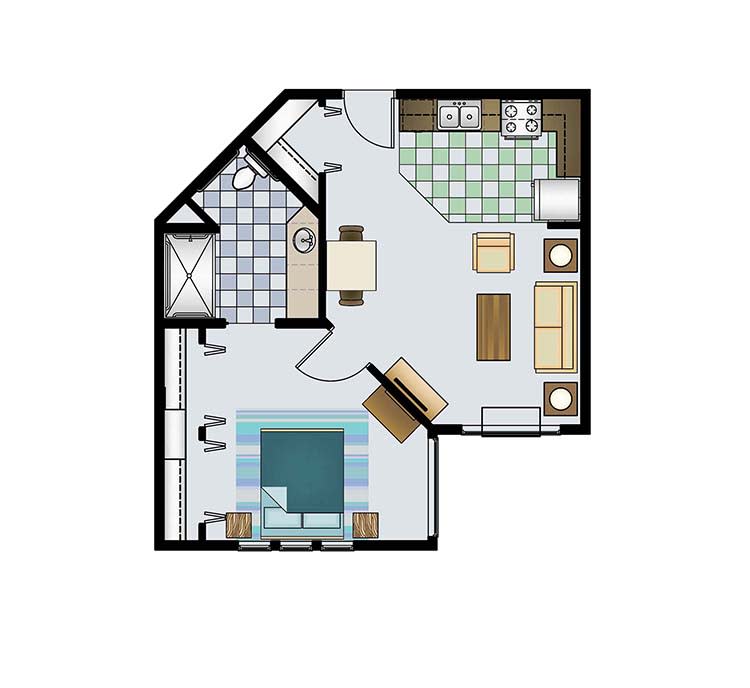 This is an apartment floor plan featuring one bedroom, a living room, a kitchen, and a bathroom.