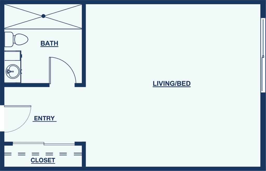 A simple floor plan of a studio apartment showing areas for living/bed, bath, and closet.