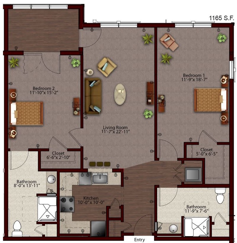 Floor plan of a two-bedroom apartment with a living room, kitchen, two bathrooms, and a balcony.