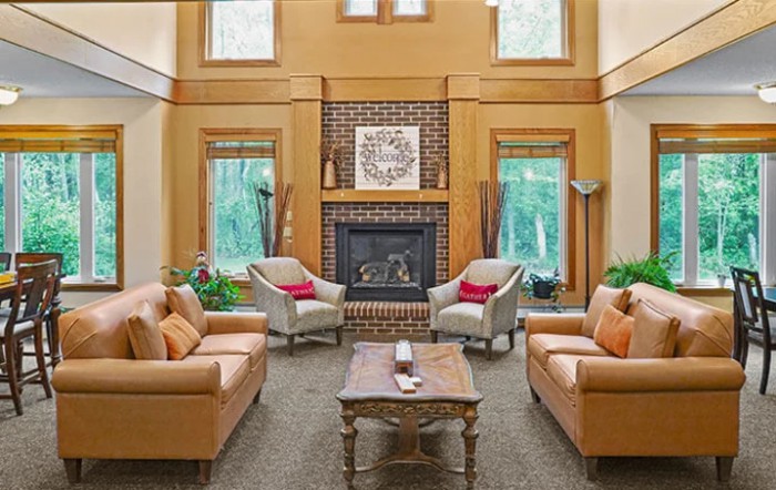A cozy living room with a fireplace and comfortable seating.