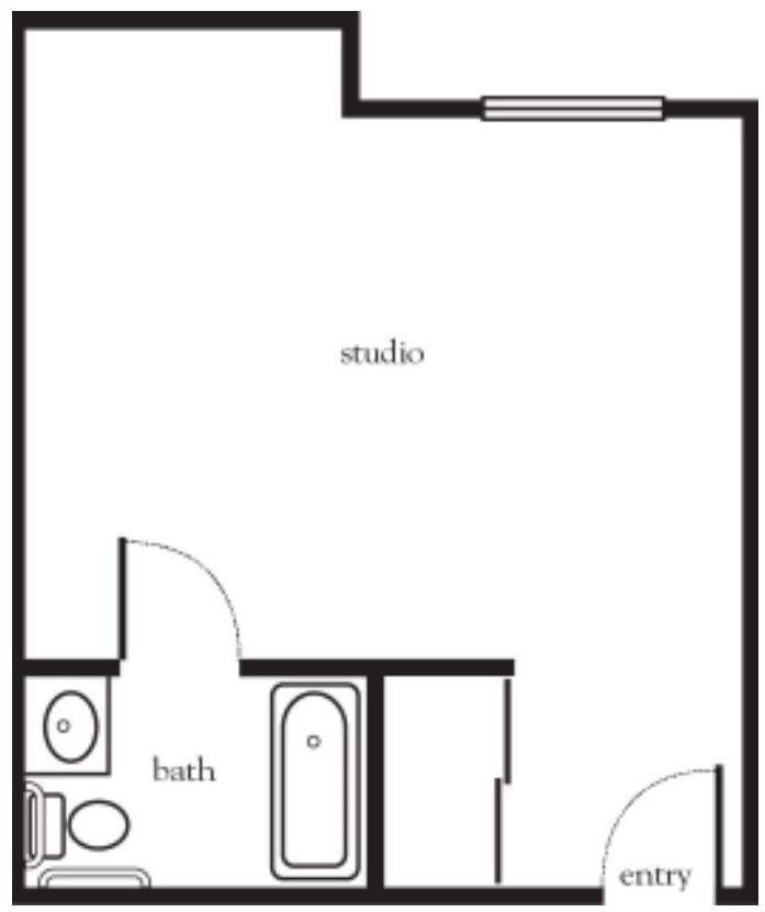 A floor plan of a studio apartment showing the layout of rooms.