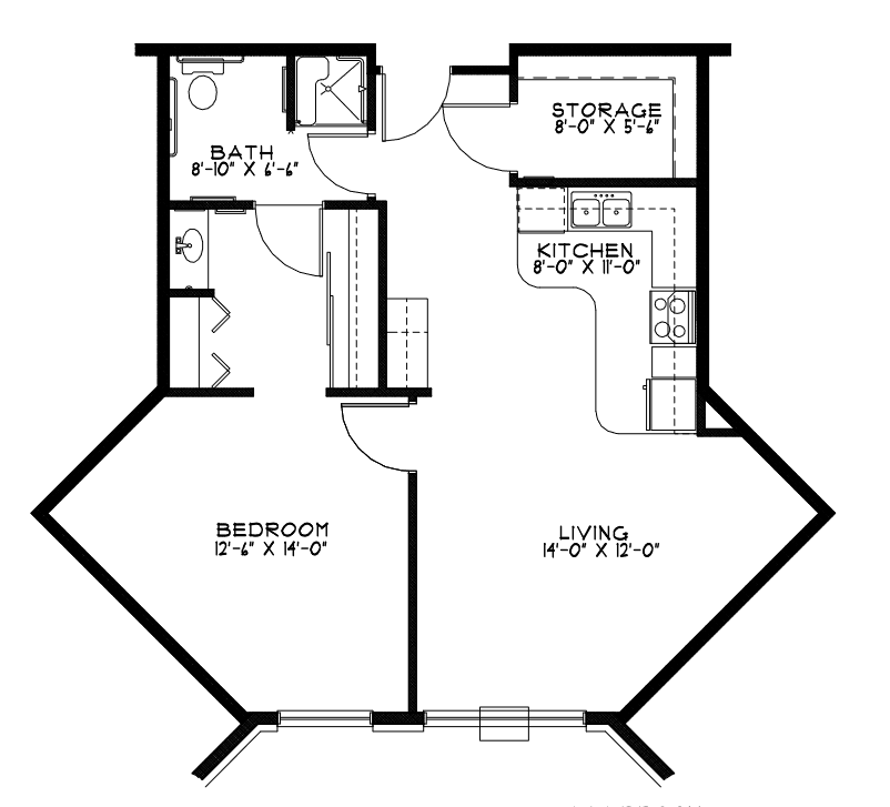 A floor plan of a one-bedroom apartment with labeled living room, kitchen, and bathroom areas.