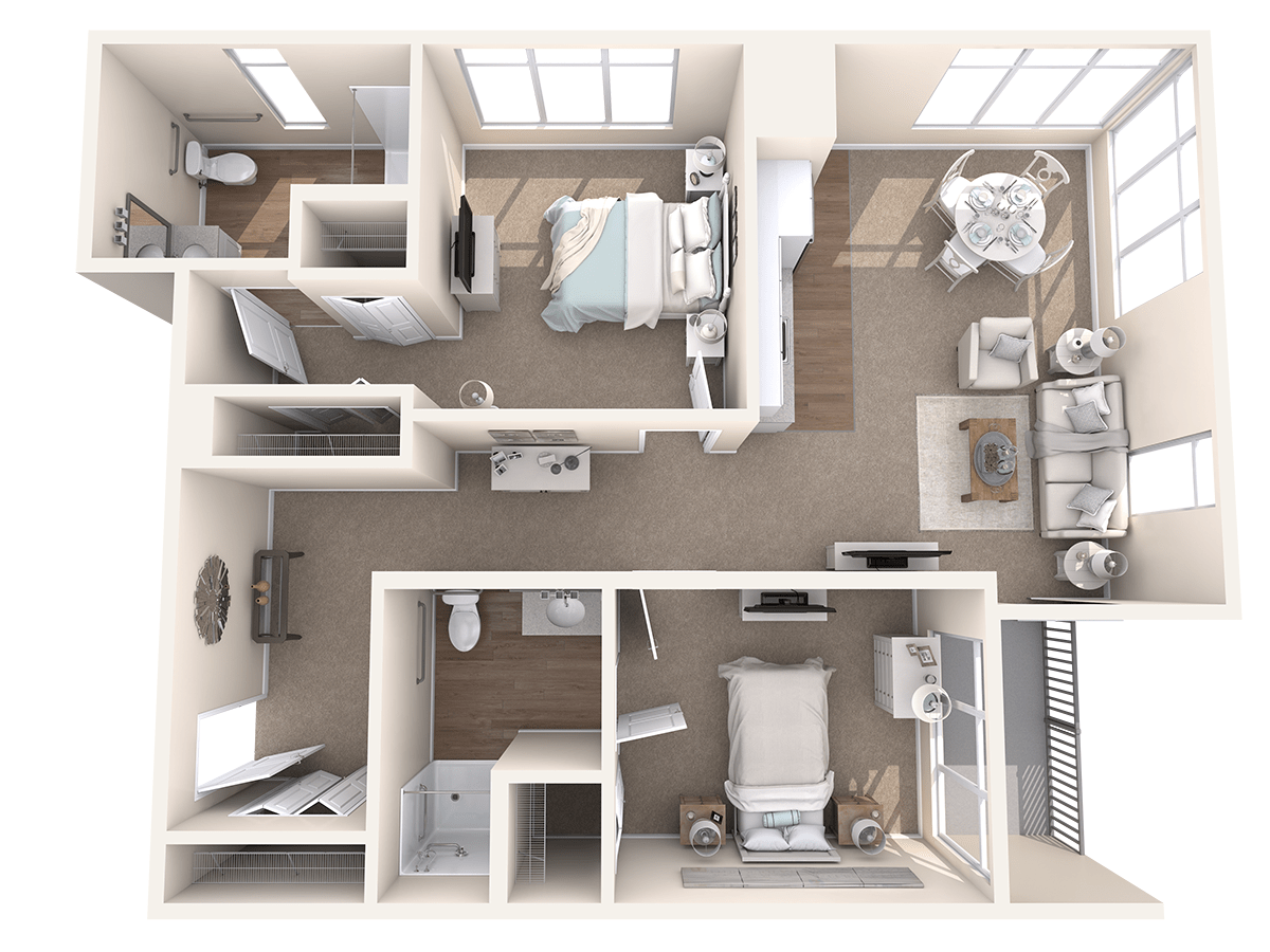 A top-down view of a two-bedroom apartment floor plan, featuring a living room, kitchen, and bathroom.