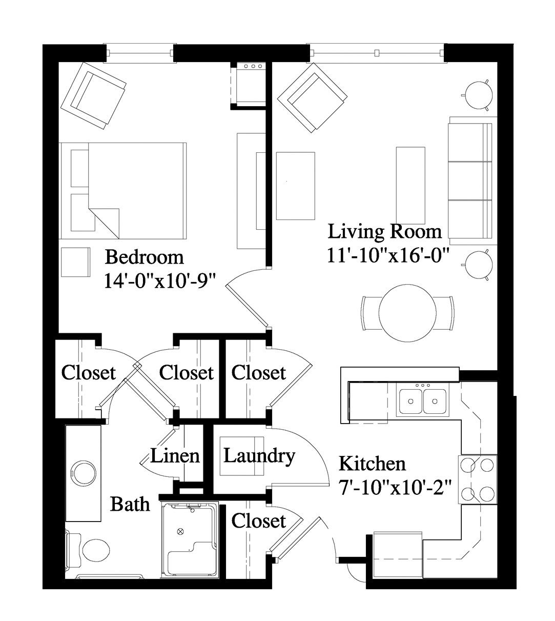 A floor plan of a one-bedroom apartment featuring a living room, kitchen, bathroom, laundry area, and several closets.
