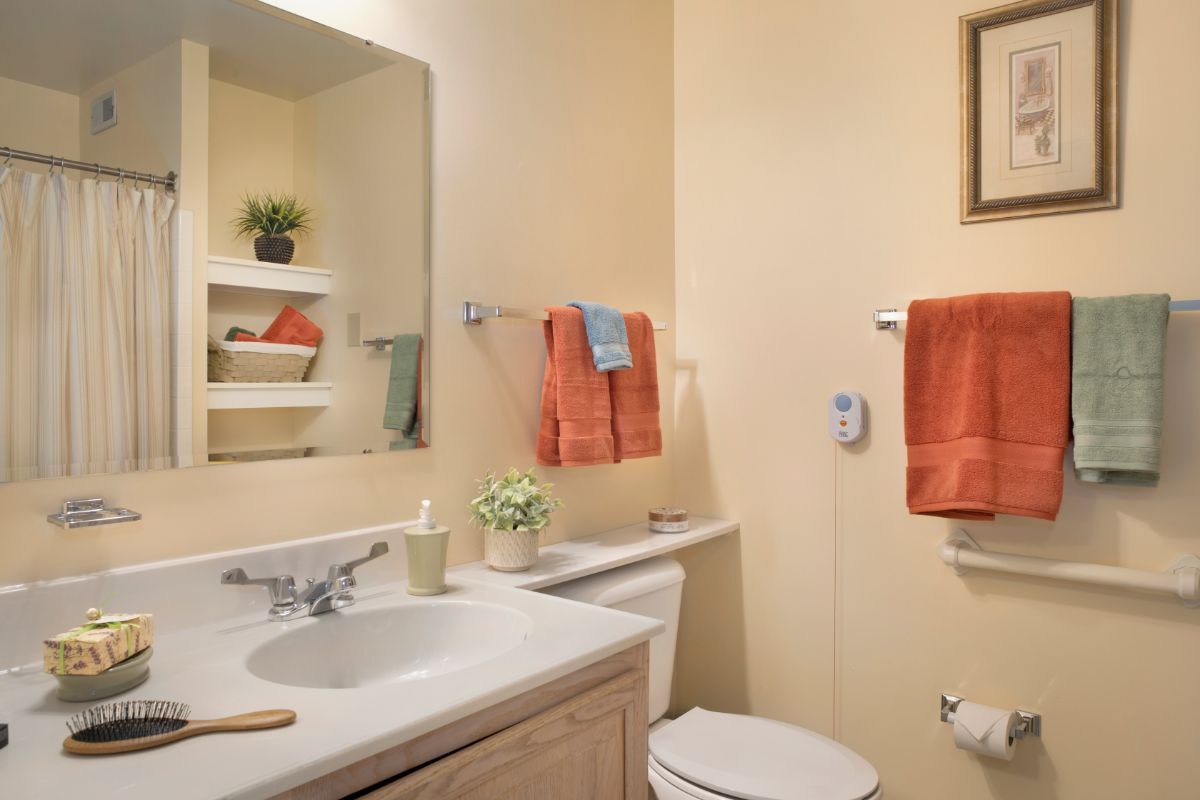 A well-organized bathroom with orange towels and decorative plants.