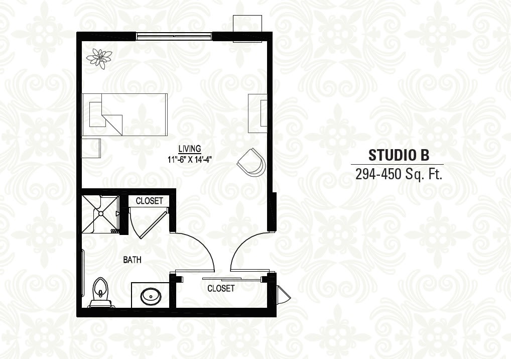 Studio B apartment floor plan ranging from 294 to 450 square feet.