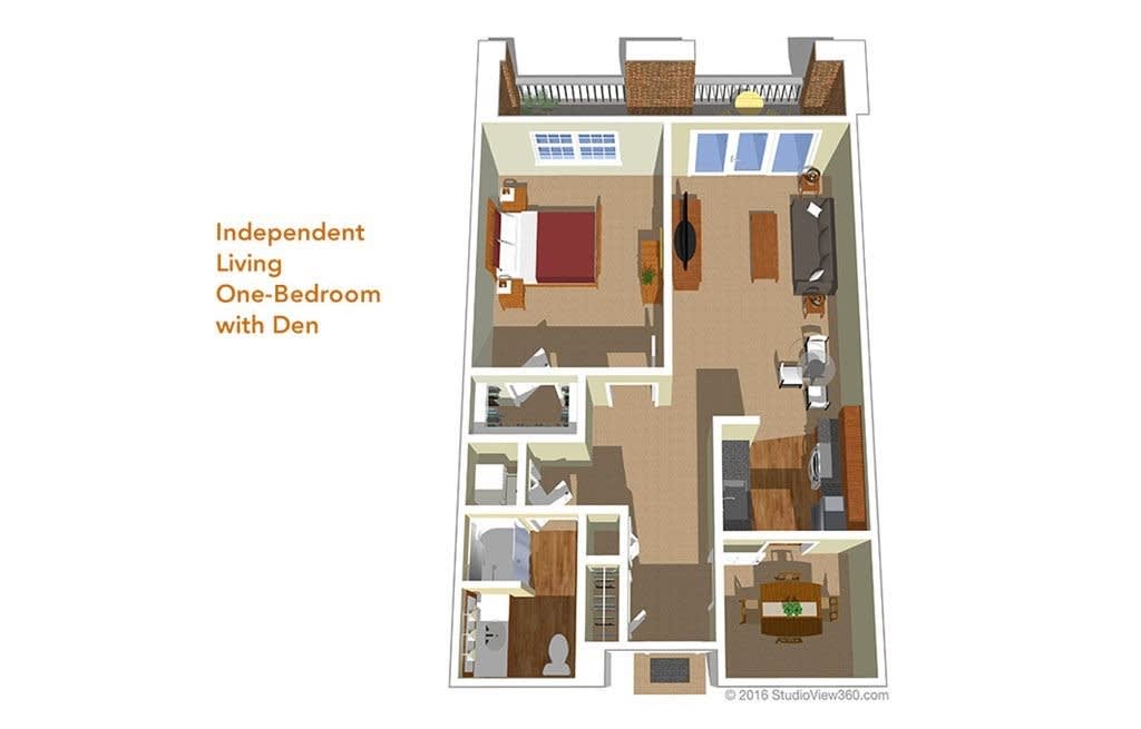Illustrated floor plan of a one-bedroom apartment with a den and independent living features.