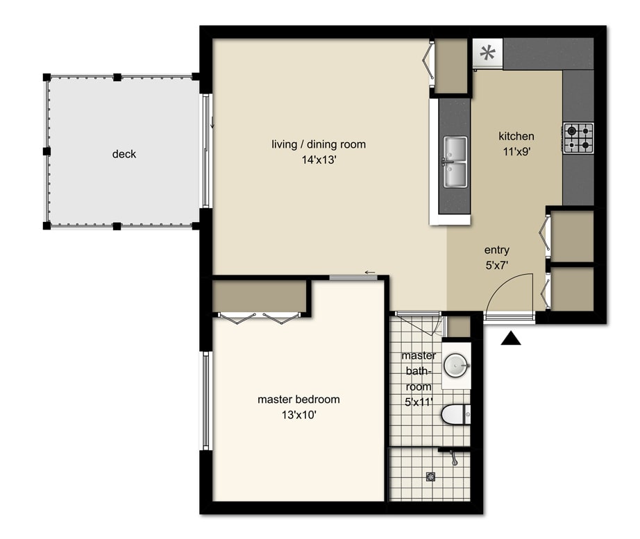 A floor plan depicting the layout of a single-story house with designated areas for living, dining, kitchen, master bedroom, and bathroom.