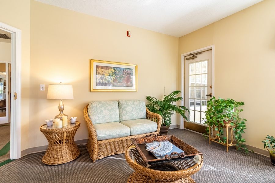 A cozy living room with rattan furniture and lush green plants.