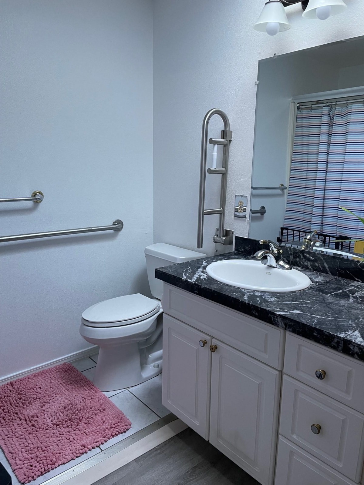 A modern bathroom with a marble countertop, featuring grab bars and a pink rug.