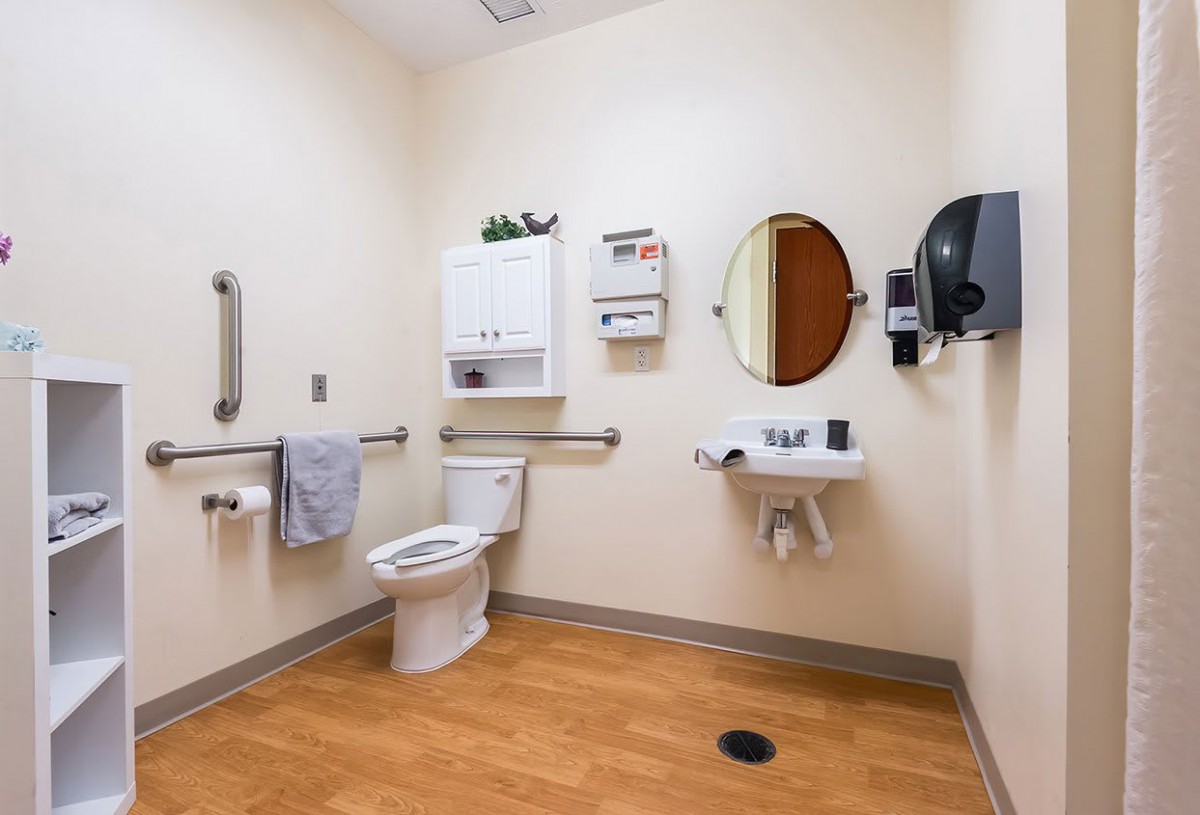 An accessible bathroom with grab bars and a sink.