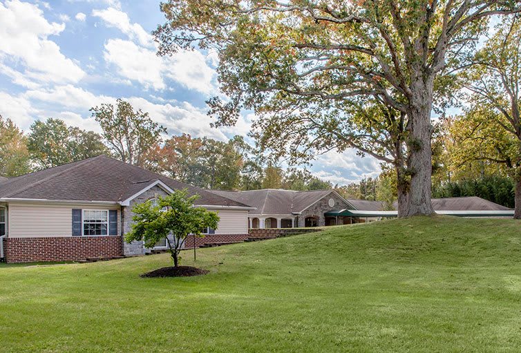 A suburban house with a large lawn and trees on a sunny day.