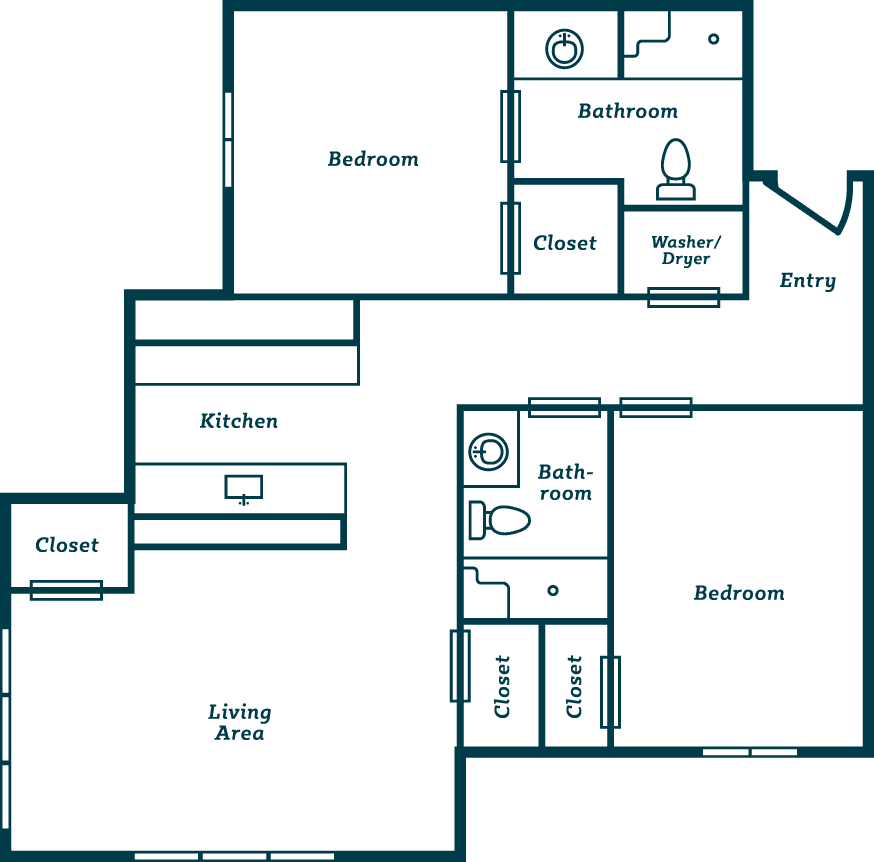 A floor plan of an apartment featuring two bedrooms, two bathrooms, a kitchen, and a living area.
