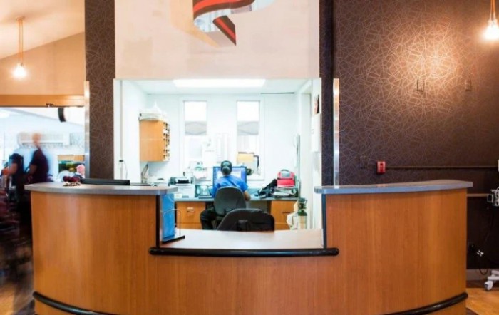 A reception desk area within an office setting.