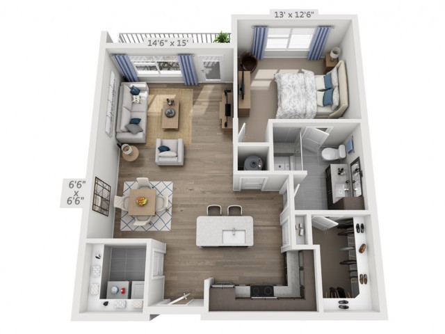 A 3D floor plan of a one-bedroom apartment with a living room, kitchen, bathroom, and balcony.
