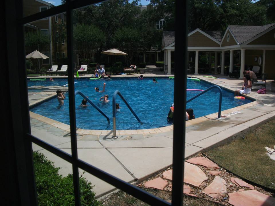A group of people enjoying a swim in an outdoor pool on a sunny day.