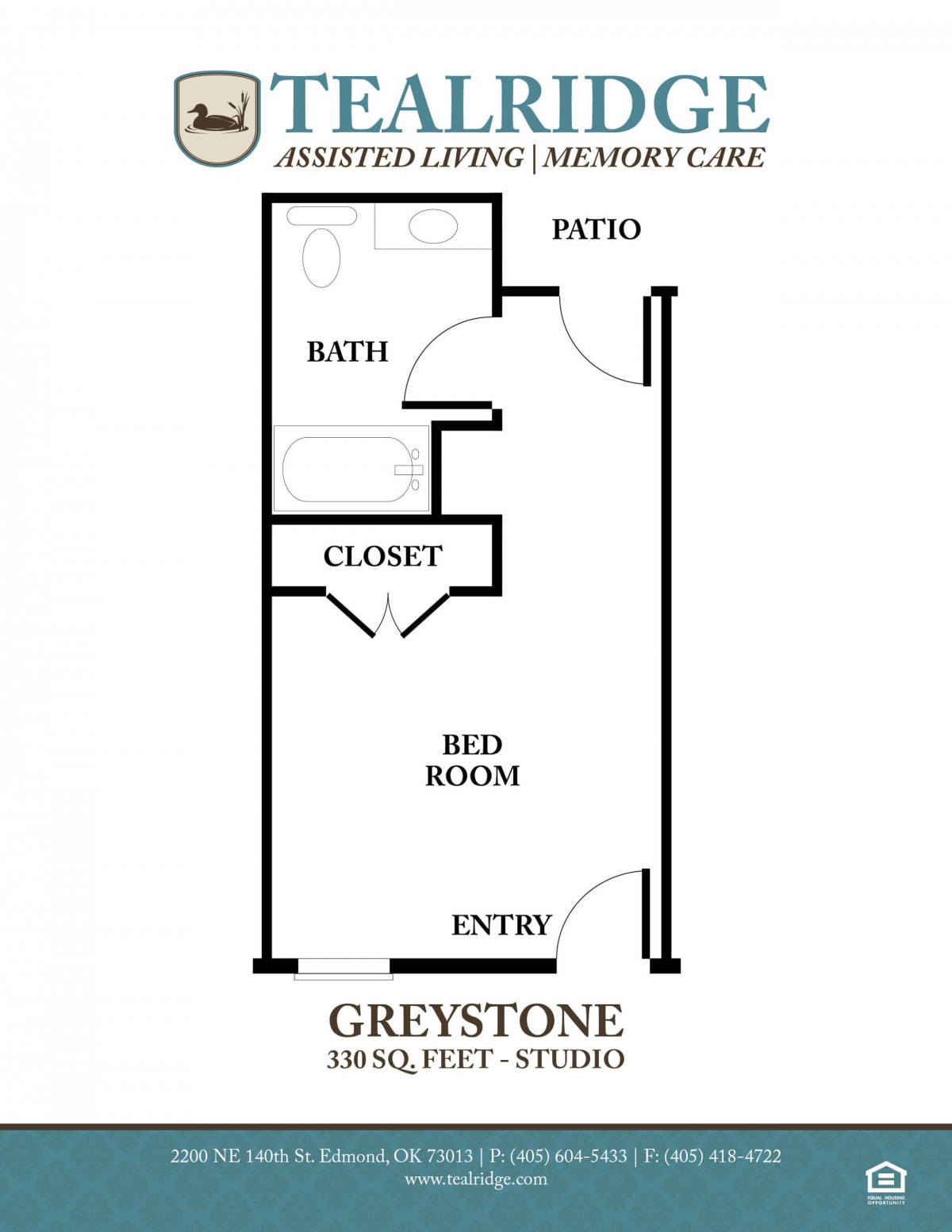 Greystone studio apartment floor plan for assisted living, featuring a bedroom, bath, closet, and patio.