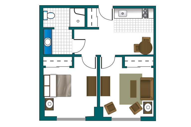 A simple floor plan of an apartment with a bedroom, living room, kitchen, and bathroom.