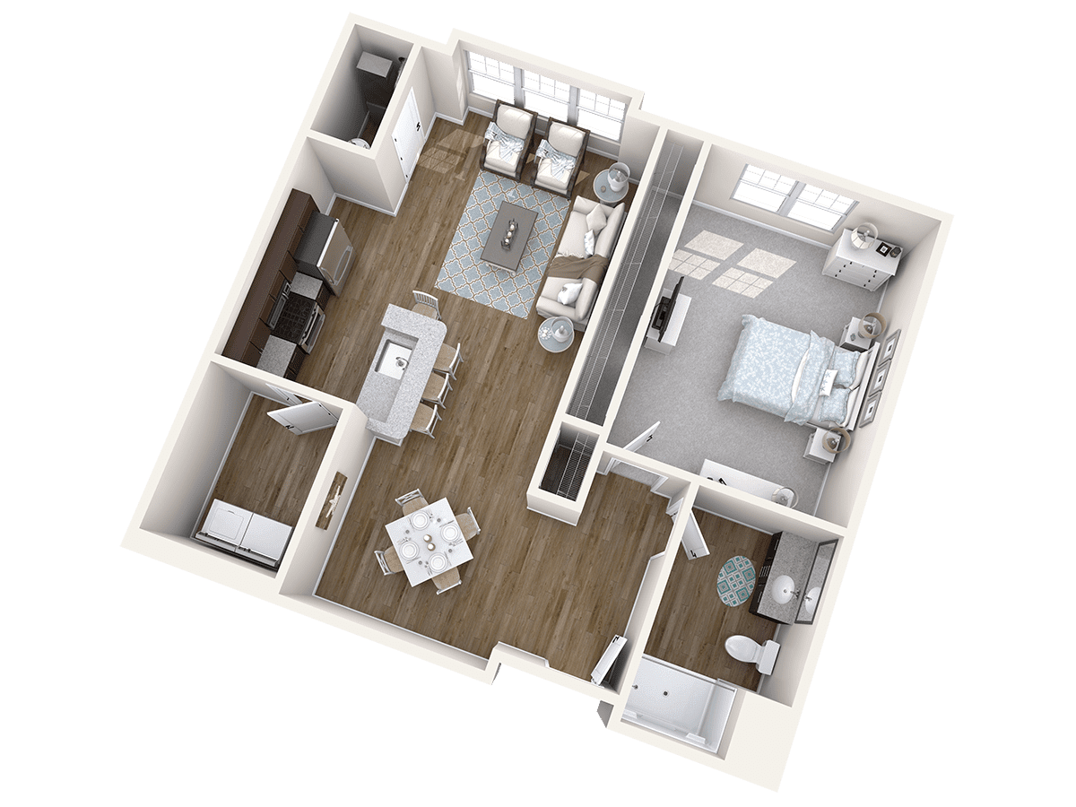 3D floor plan of a modern one-bedroom apartment with an open living and dining area.