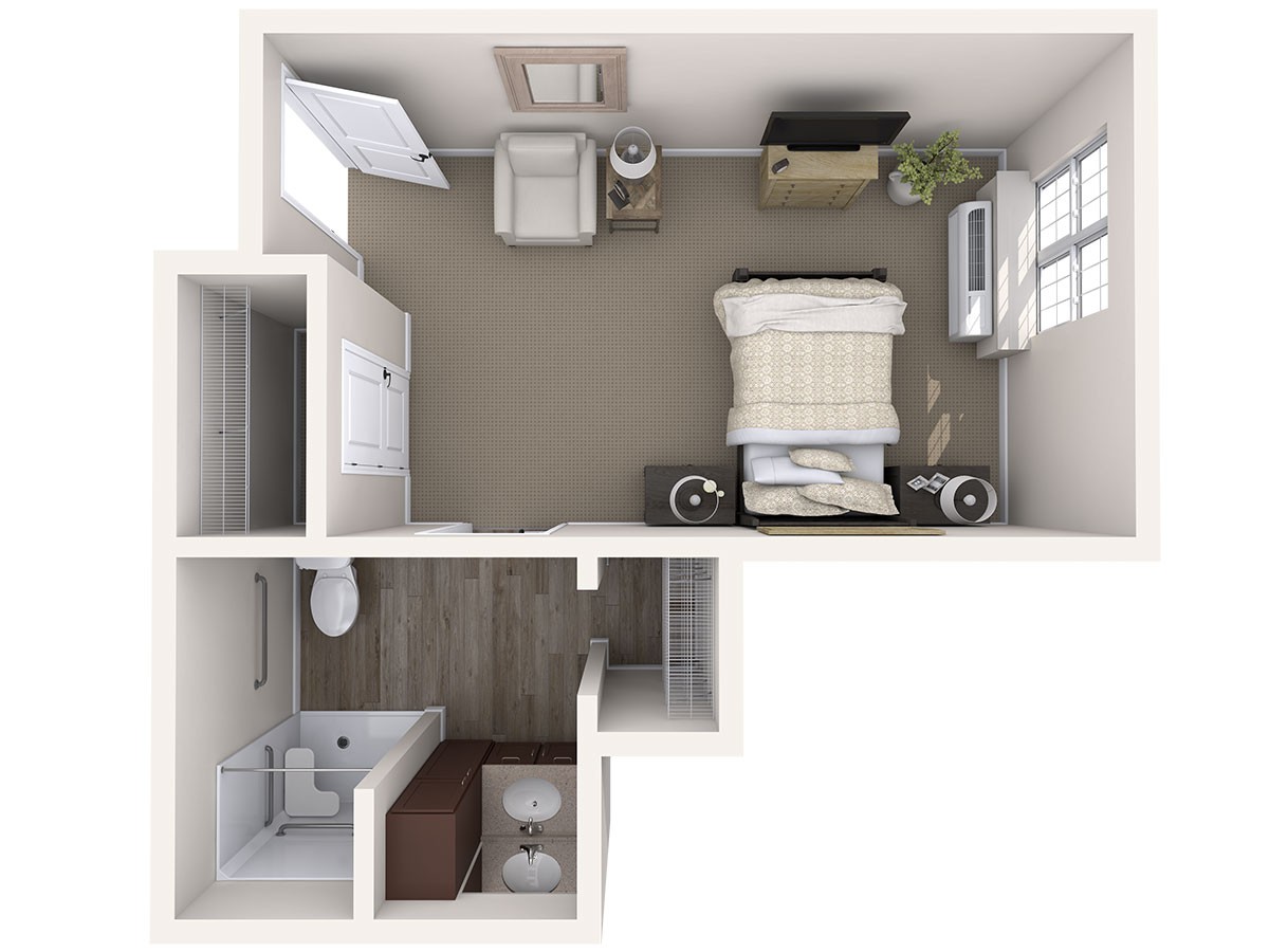 A 3D floor plan of a small apartment featuring a bedroom and attached bathroom.