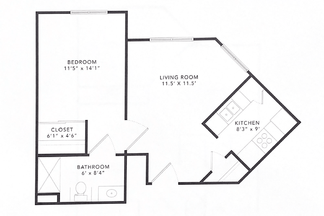 A floor plan of an apartment showing the layout and dimensions of different rooms.