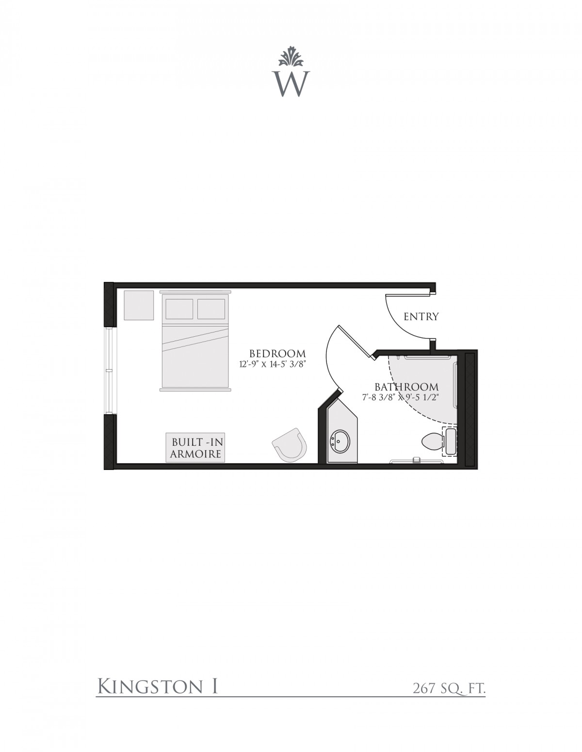 A minimalist floor plan of a compact studio apartment featuring a living area with a bed and a bathroom.
