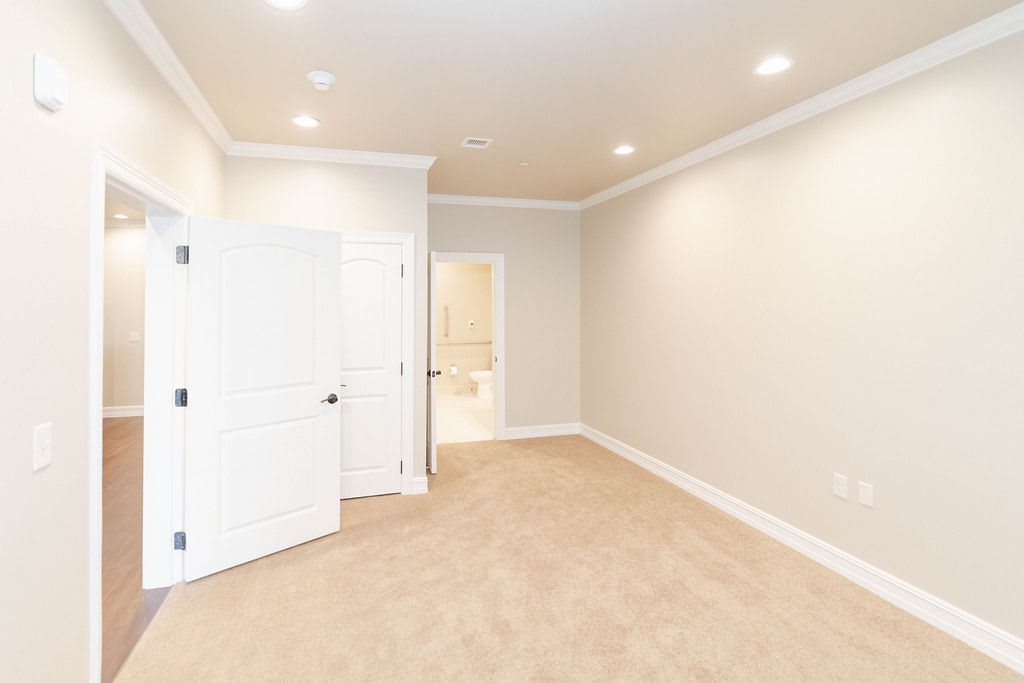 A bright, empty room with carpet flooring and recessed ceiling lights.