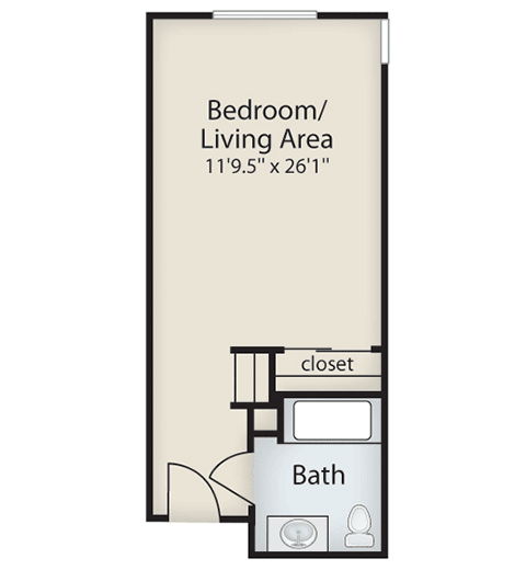 Studio apartment floor plan showing bedroom/living area and bath.