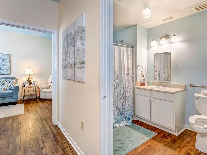 A view of a cozy bathroom with a hallway leading to a well-lit living area.