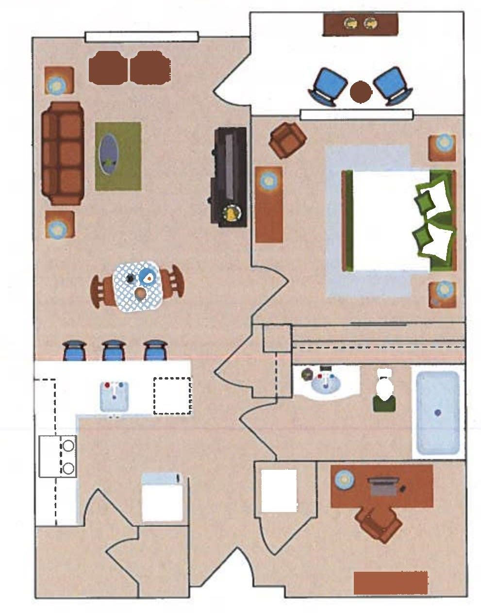A detailed floor plan illustrating a layout with a living room, bedroom, kitchen, and bathroom.