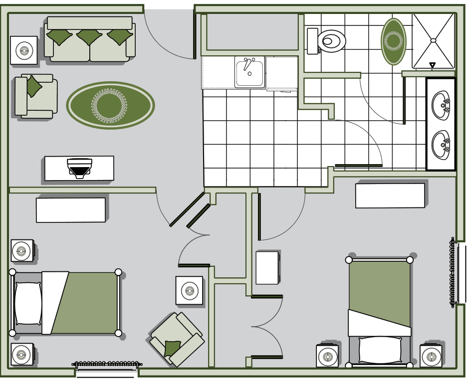 A detailed floor plan of a residential apartment featuring two bedrooms, a bathroom, kitchen, and living room.