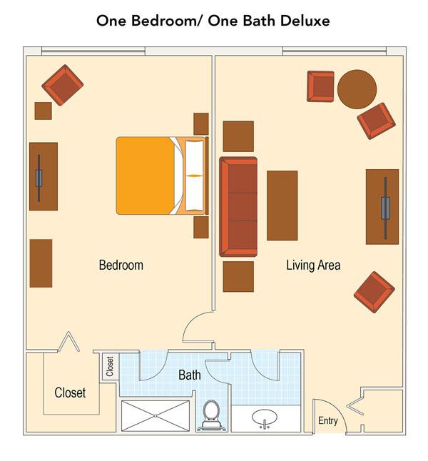 A floor plan of a one-bedroom, one-bath deluxe apartment with a living area.
