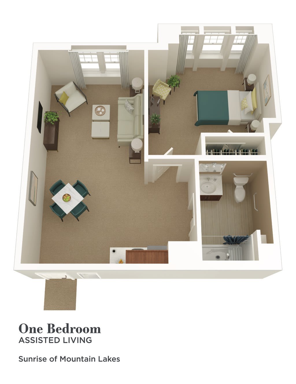 A 3D floor plan of a one-bedroom apartment featuring a living room, kitchen, bathroom, and bedroom.