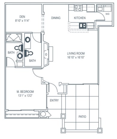 A detailed floor plan of an apartment showing the layout of rooms including the kitchen, dining area, living room, bedroom, and bathroom.