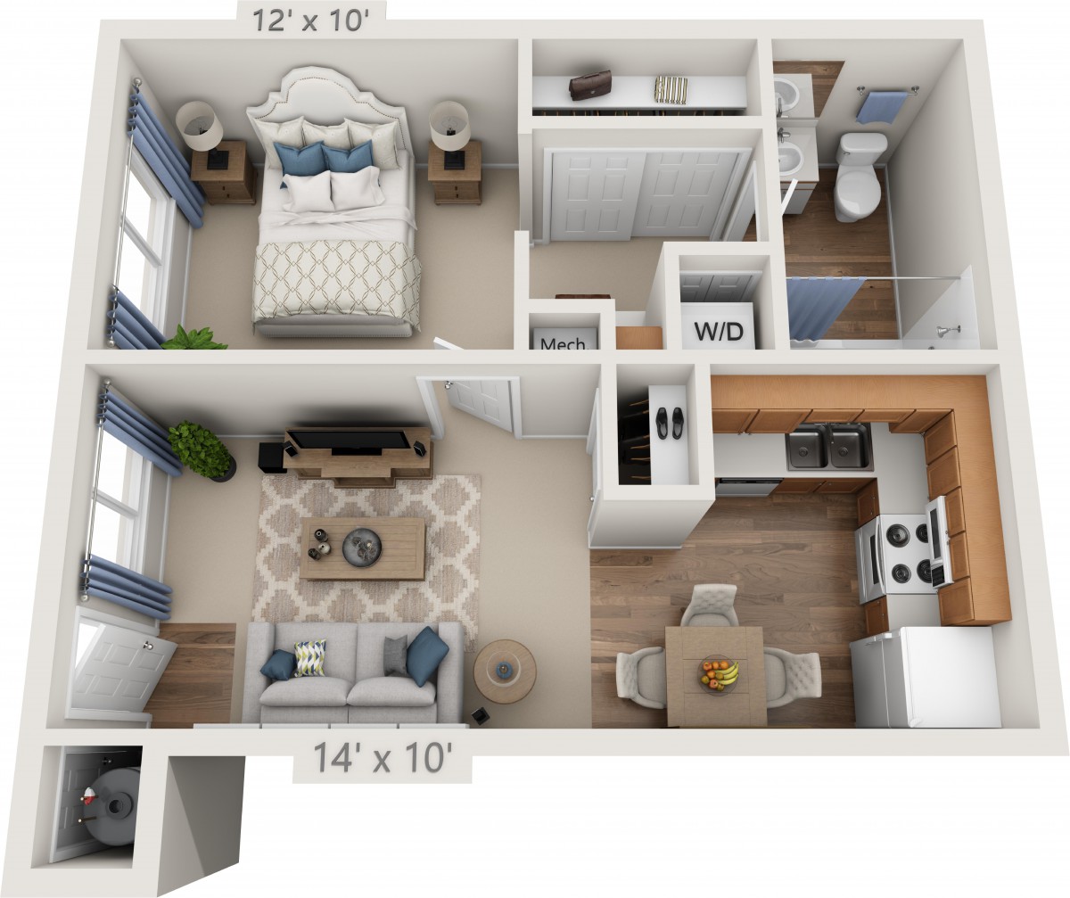 A 3D floor plan of a one-bedroom apartment featuring a living room, kitchen, and bathroom.