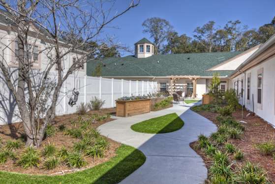 A scenic walkway leads through a well-maintained garden in a residential area.