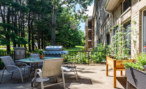 A peaceful outdoor patio setup featuring a grill and seating, surrounded by greenery.