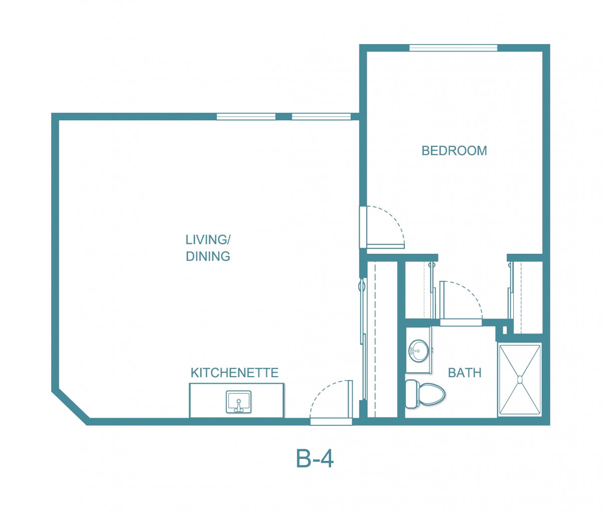 A floor plan of a one-bedroom apartment with a living/dining area, kitchen, and bathroom.