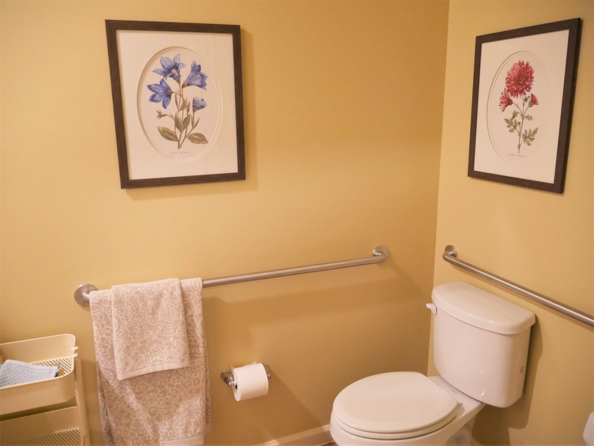 A well-organized bathroom with framed artwork on the walls and a towel hanging neatly on a rail.