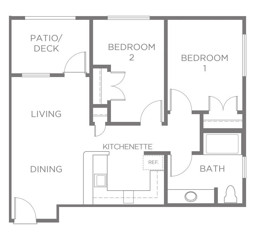 A floor plan of a two-bedroom apartment with living, dining, kitchen, bath, and patio/deck areas.