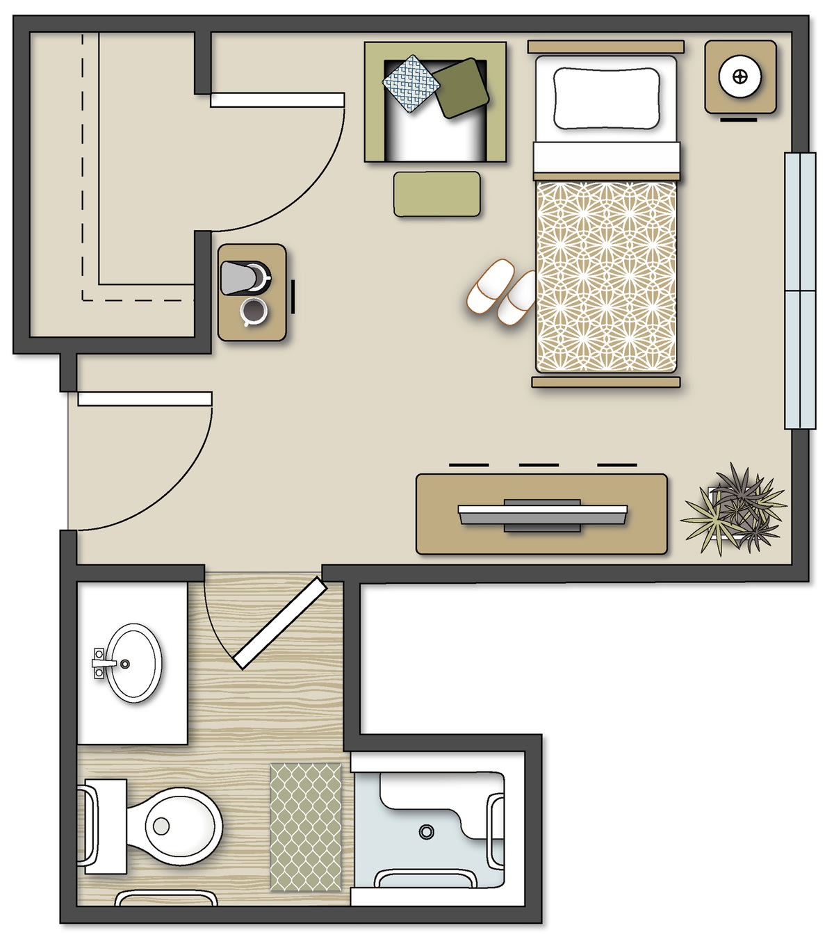 A simple one-bedroom apartment floor plan with an attached bathroom.