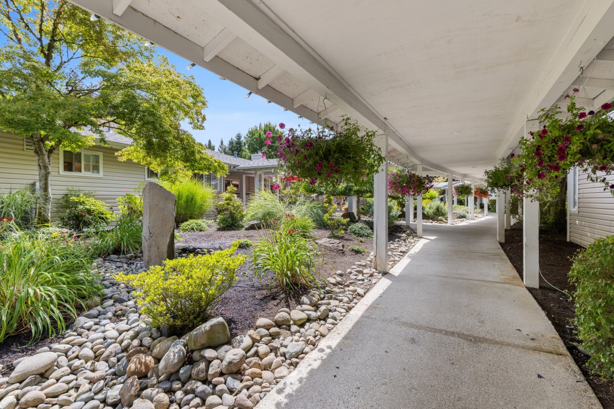 A serene garden walkway with lush greenery and a covered path.
